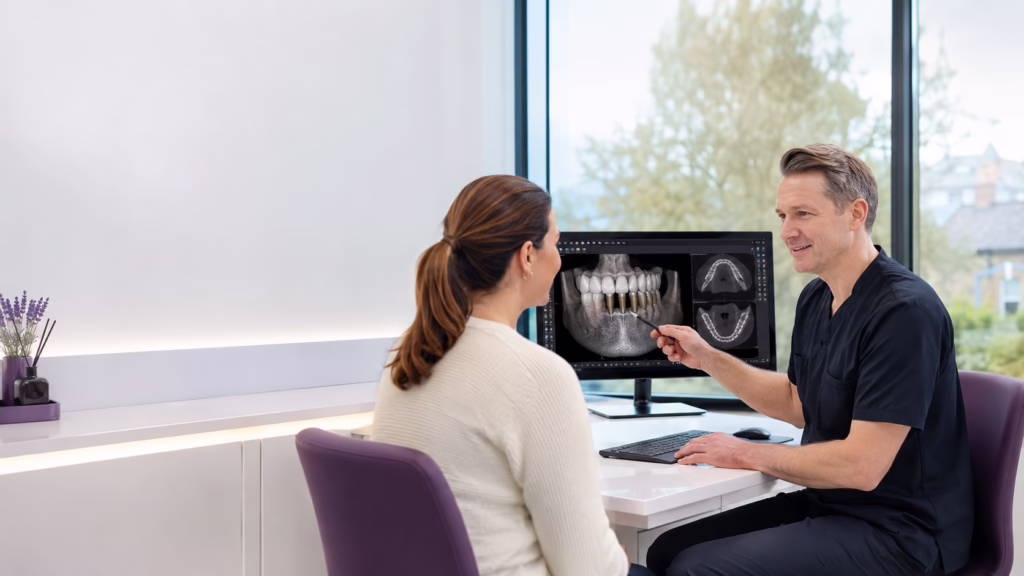 Dentist discussing digital dental implant planning with a patient at Azure Dental Formby