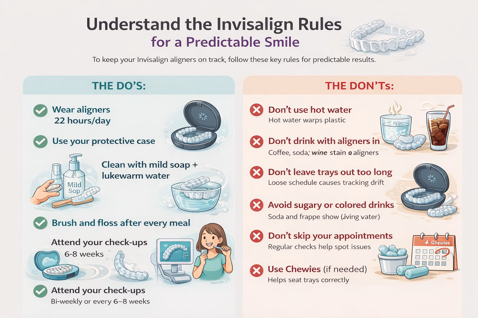 Invisalign rules explained guidelines image: do’s and don’ts for aligner wear time, cleaning, drinks and tray care